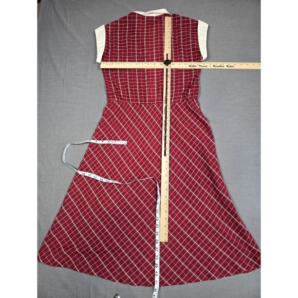 Vintage PBJ 70s Burgundy & White Plaid Dress White Collar Cap Sleeves Small - Picture 4 of 4